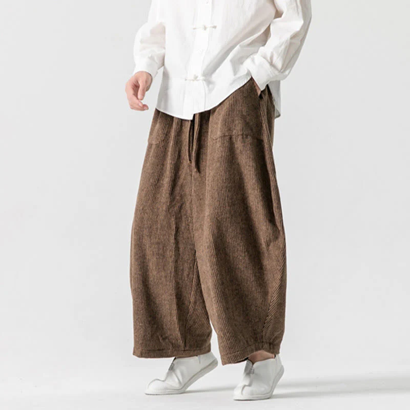 Pantaloni da uomo in cotone a gamba larga con tasche e coulisse, tinta unita, modello Buddha Stones Daily - Image 12