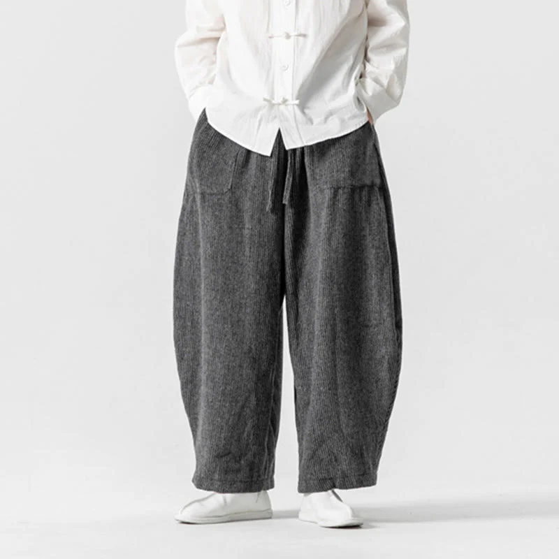 Pantaloni da uomo in cotone a gamba larga con tasche e coulisse, tinta unita, modello Buddha Stones Daily - Image 3