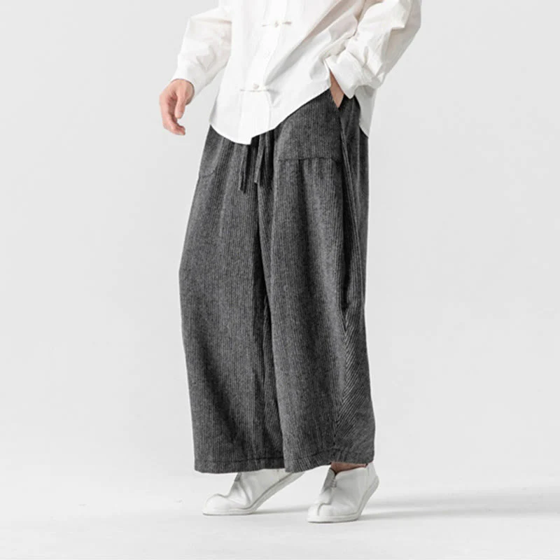 Pantaloni da uomo in cotone a gamba larga con tasche e coulisse, tinta unita, modello Buddha Stones Daily - Image 6
