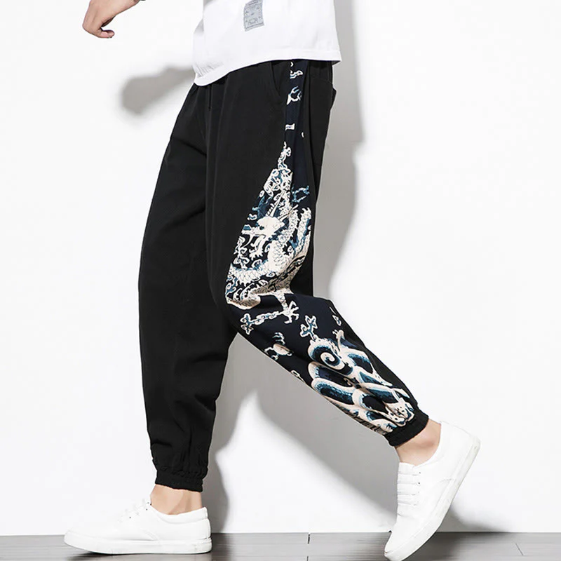 Pantaloni da uomo in cotone Buddha Stones Summer Dragon Waves con tasche - Image 13