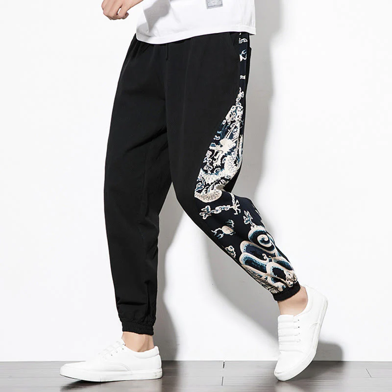 Pantaloni da uomo in cotone Buddha Stones Summer Dragon Waves con tasche - Image 16