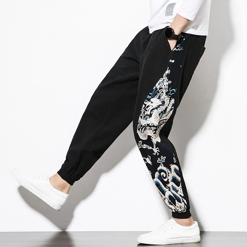 Pantaloni da uomo in cotone Buddha Stones Summer Dragon Waves con tasche - Image 17
