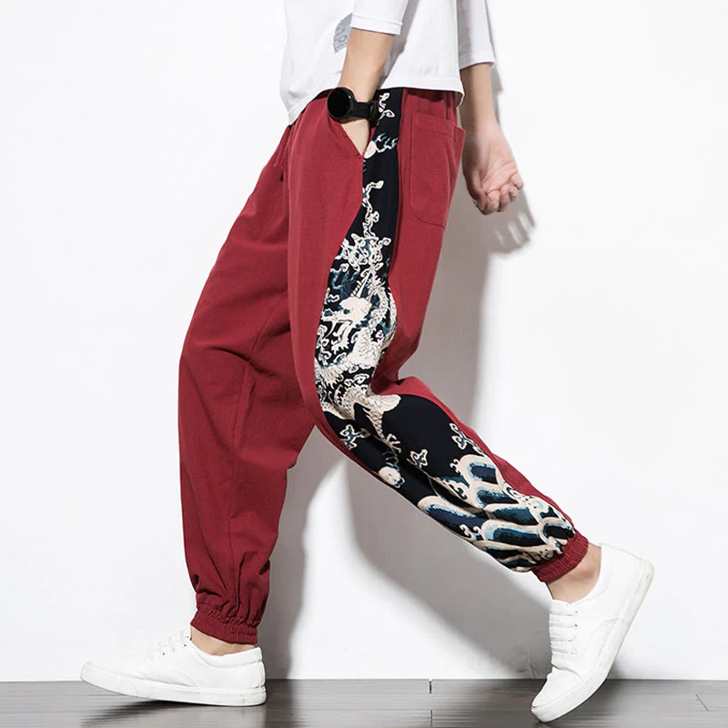 Pantaloni da uomo in cotone Buddha Stones Summer Dragon Waves con tasche - Image 27