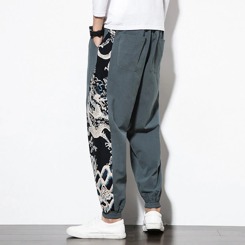 Pantaloni da uomo in cotone Buddha Stones Summer Dragon Waves con tasche - Image 3