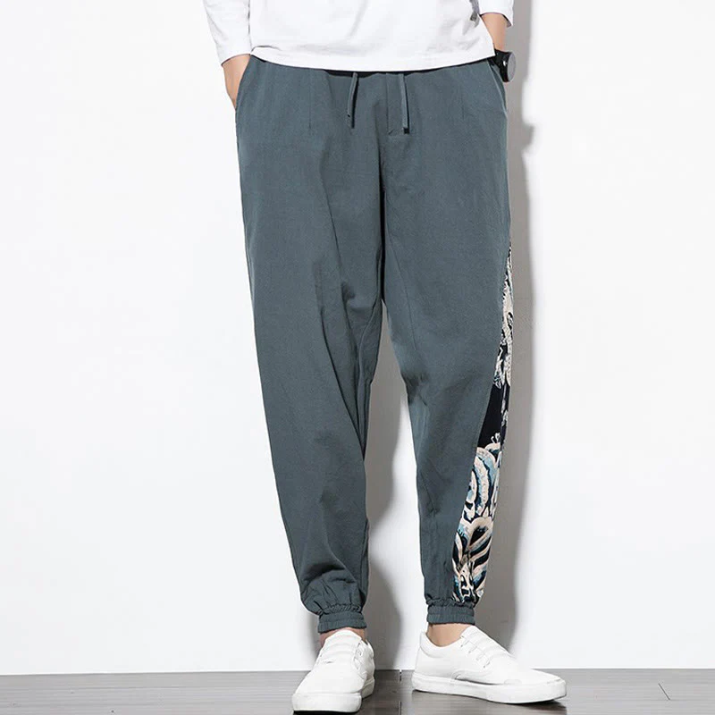 Pantaloni da uomo in cotone Buddha Stones Summer Dragon Waves con tasche - Image 4