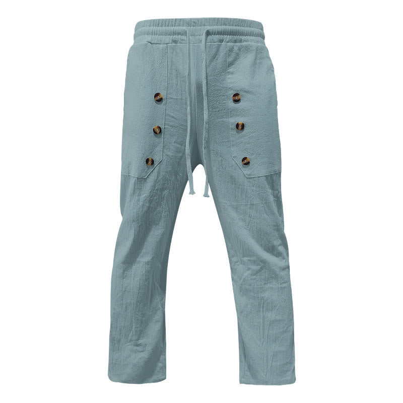 Pantaloni da uomo in cotone casual con bottoni in tinta unita e tasche Buddha Stones - Image 11