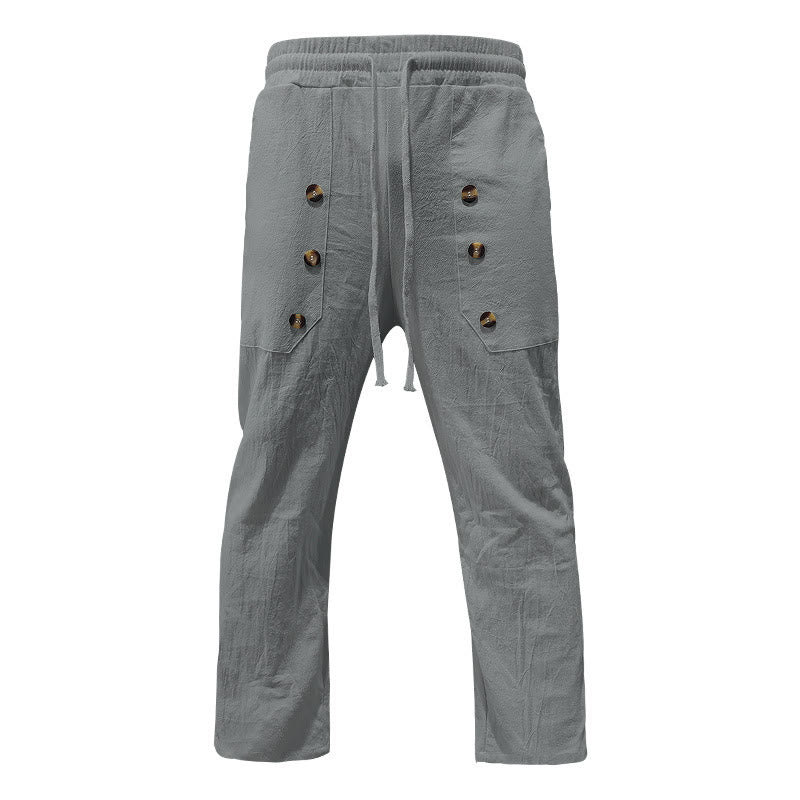 Pantaloni da uomo in cotone casual con bottoni in tinta unita e tasche Buddha Stones - Image 15