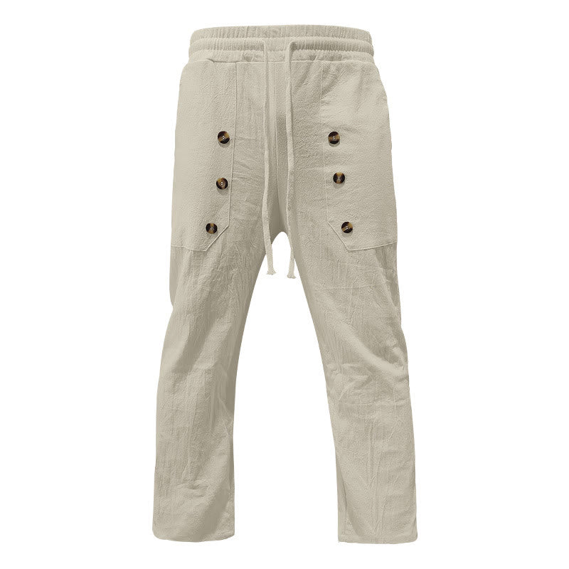 Pantaloni da uomo in cotone casual con bottoni in tinta unita e tasche Buddha Stones - Image 19