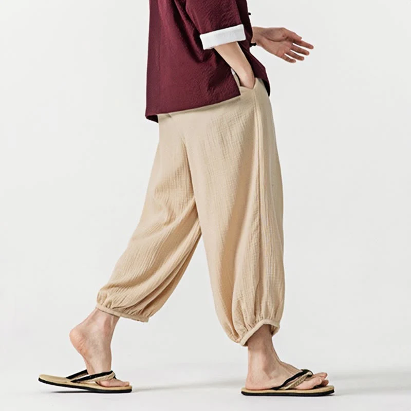 Pantaloni da uomo in cotone con coulisse, tinta unita, con tasche, motivo Buddha Stones - Image 4