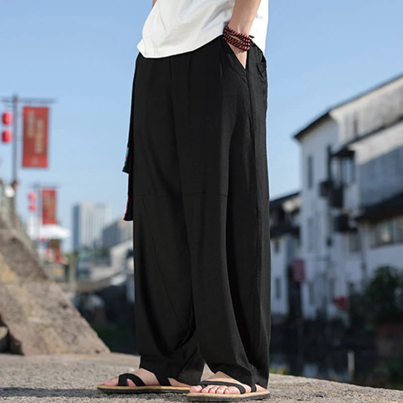 Pantaloni da uomo in cotone con coulisse, gamba larga, tasche, motivo patchwork semplice Buddha Stones - Image 2
