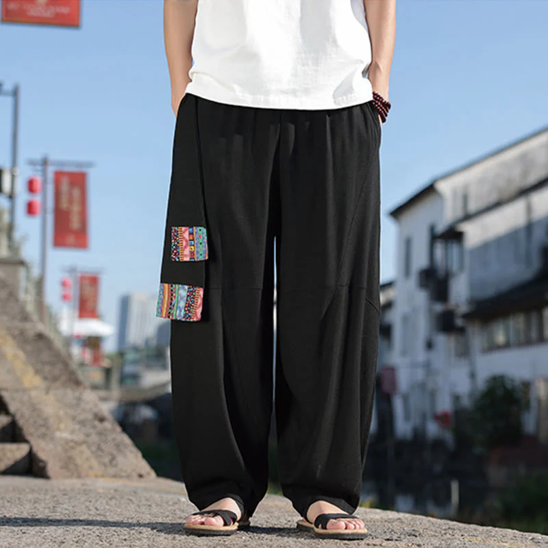 Pantaloni da uomo in cotone con coulisse, gamba larga, tasche, motivo patchwork semplice Buddha Stones - Image 3