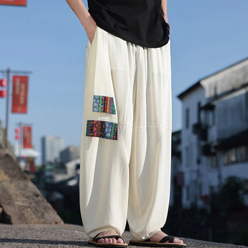 Pantaloni da uomo in cotone con coulisse, gamba larga, tasche, motivo patchwork semplice Buddha Stones - Image 30