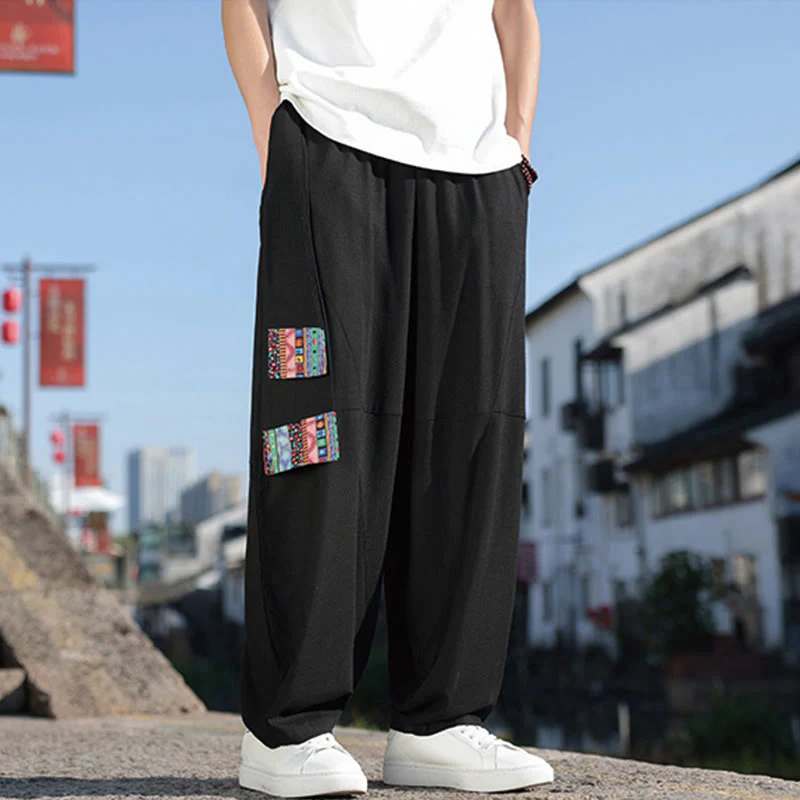 Pantaloni da uomo in cotone con coulisse, gamba larga, tasche, motivo patchwork semplice Buddha Stones - Image 5