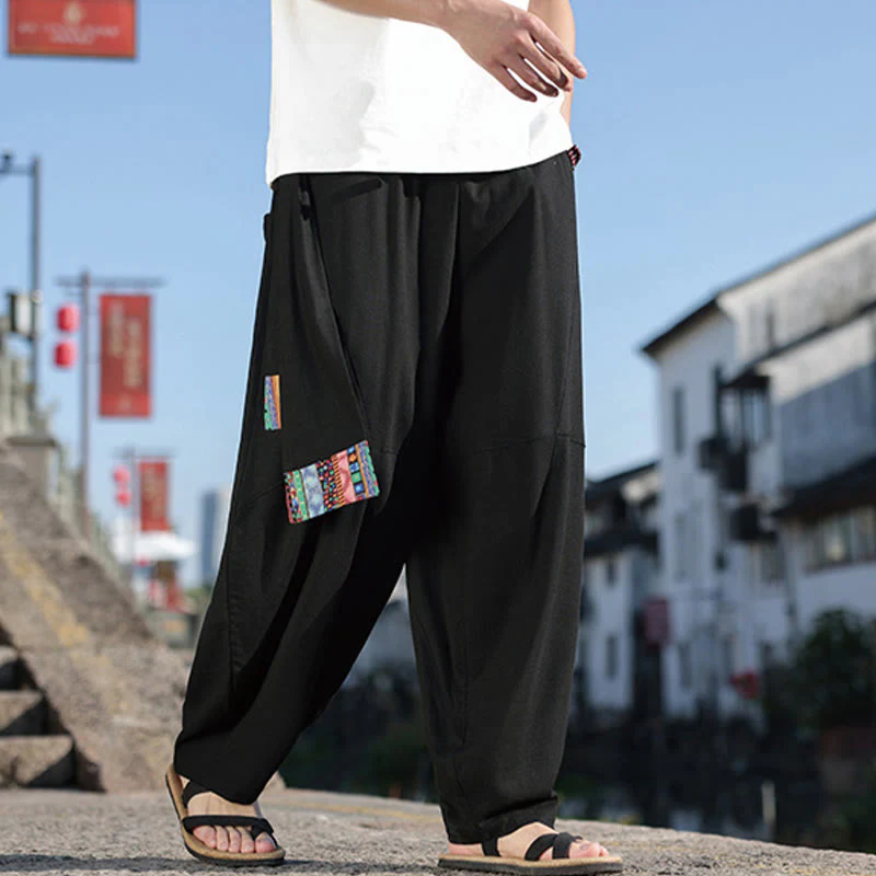 Pantaloni da uomo in cotone con coulisse, gamba larga, tasche, motivo patchwork semplice Buddha Stones - Image 9
