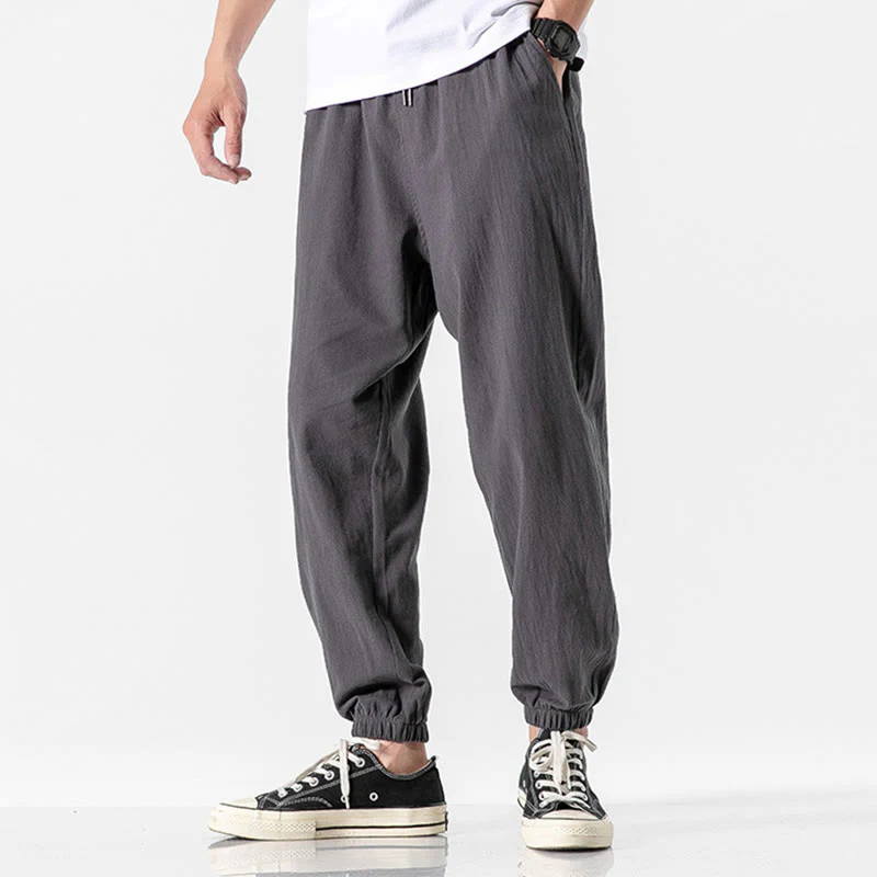 Pantaloni da uomo in cotone con coulisse tinta unita Buddha Stones con tasche - Image 5