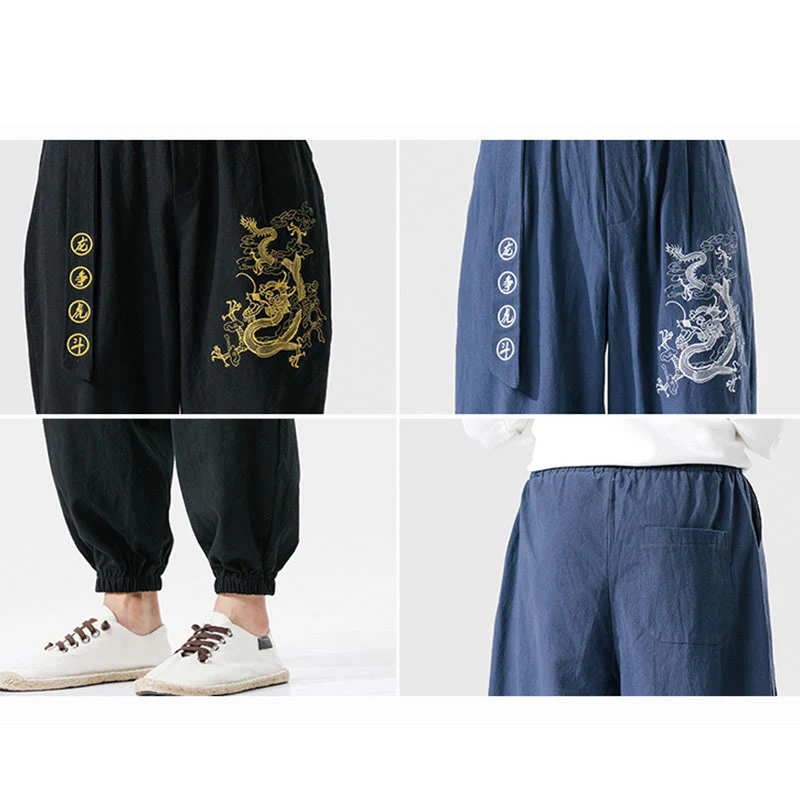 Pantaloni da uomo in cotone con tasche , Buddha Stones, nuvole di buon auspicio, drago - Image 15