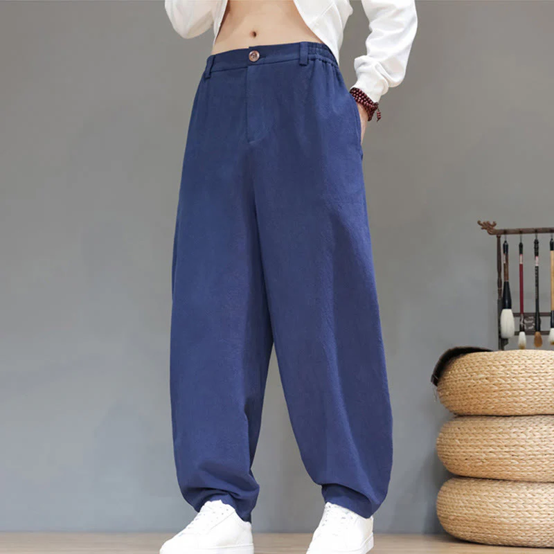 Pantaloni da uomo in cotone con tasche e bottoni color puro Buddha Stones Fall Sports