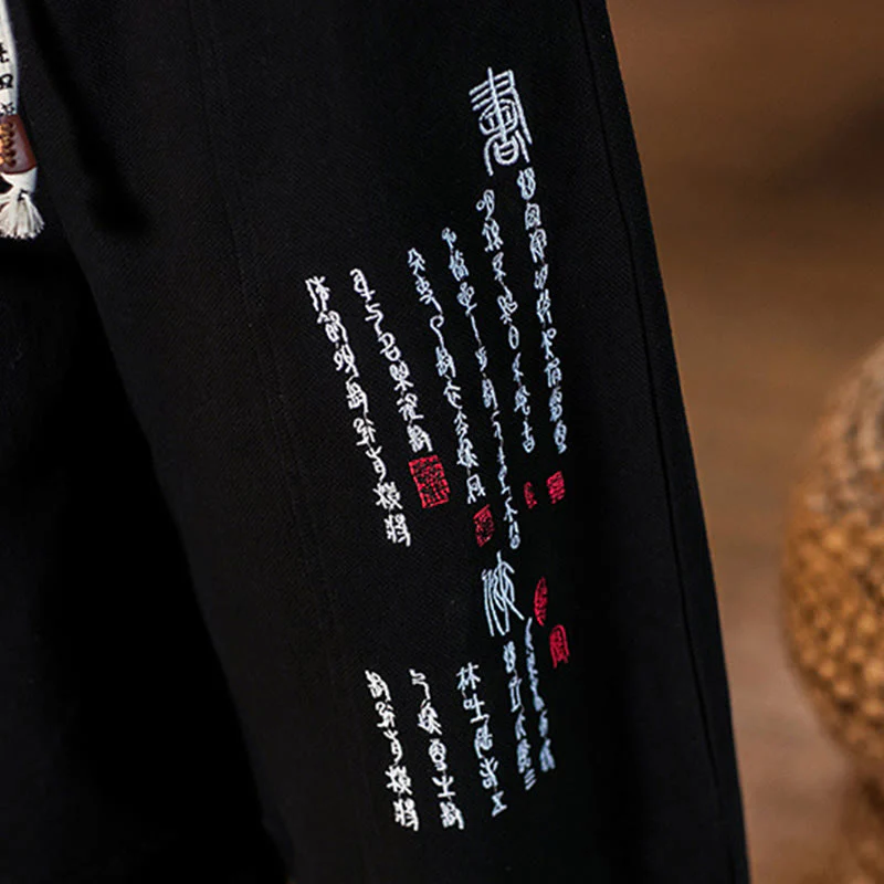 Pantaloni da uomo in cotone con tasche e motivo a caratteri cinesi ricamati con Buddha Stones - Image 19