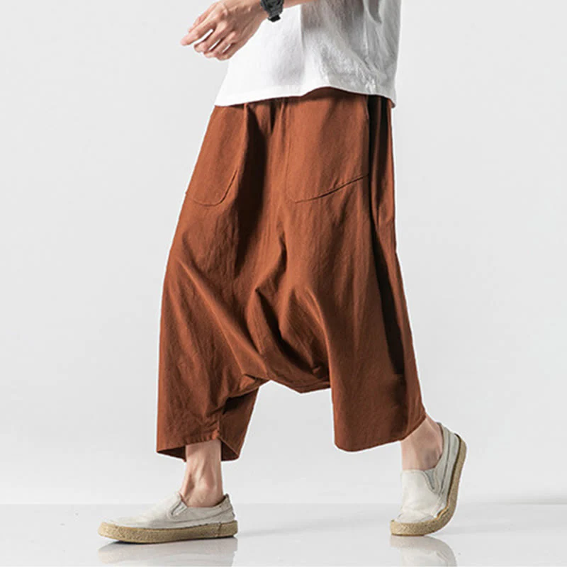 Pantaloni da uomo in cotone e lino con coulisse, gamba larga, lunghezza 7-8, con tasche, modello Buddha Stones, casual, con cavallo basso - Image 12