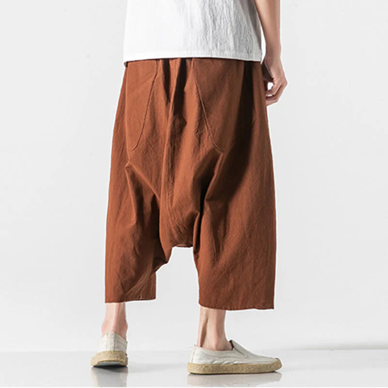 Pantaloni da uomo in cotone e lino con coulisse, gamba larga, lunghezza 7-8, con tasche, modello Buddha Stones, casual, con cavallo basso - Image 13