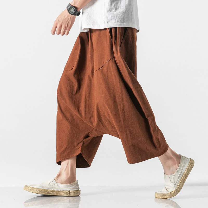 Pantaloni da uomo in cotone e lino con coulisse, gamba larga, lunghezza 7-8, con tasche, modello Buddha Stones, casual, con cavallo basso - Image 15