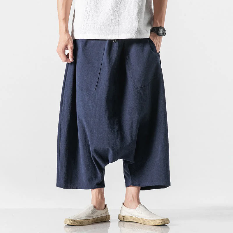 Pantaloni da uomo in cotone e lino con coulisse, gamba larga, lunghezza 7-8, con tasche, modello Buddha Stones, casual, con cavallo basso - Image 2