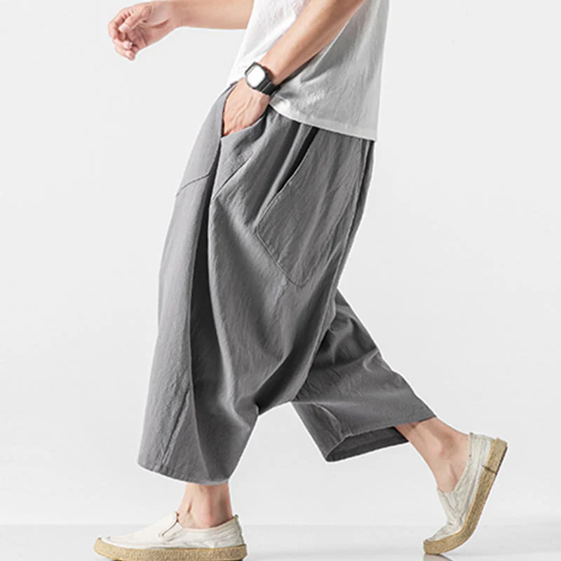 Pantaloni da uomo in cotone e lino con coulisse, gamba larga, lunghezza 7-8, con tasche, modello Buddha Stones, casual, con cavallo basso - Image 22