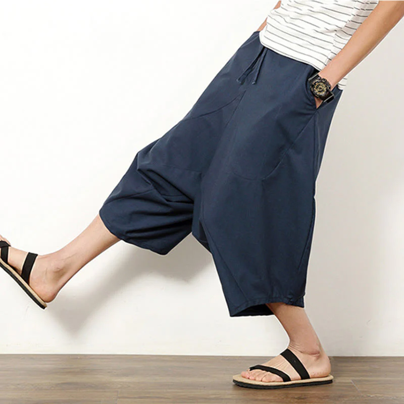 Pantaloni da uomo in cotone e lino con coulisse, modello Buddha Stones, modello primavera, semplici e patchwork, con tasche, lunghezza 7-8 - Image 3