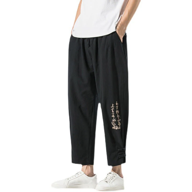 Pantaloni da uomo in cotone e lino con tasche, ricamo estivo con caratteri cinesi Buddha Stones - Image 20
