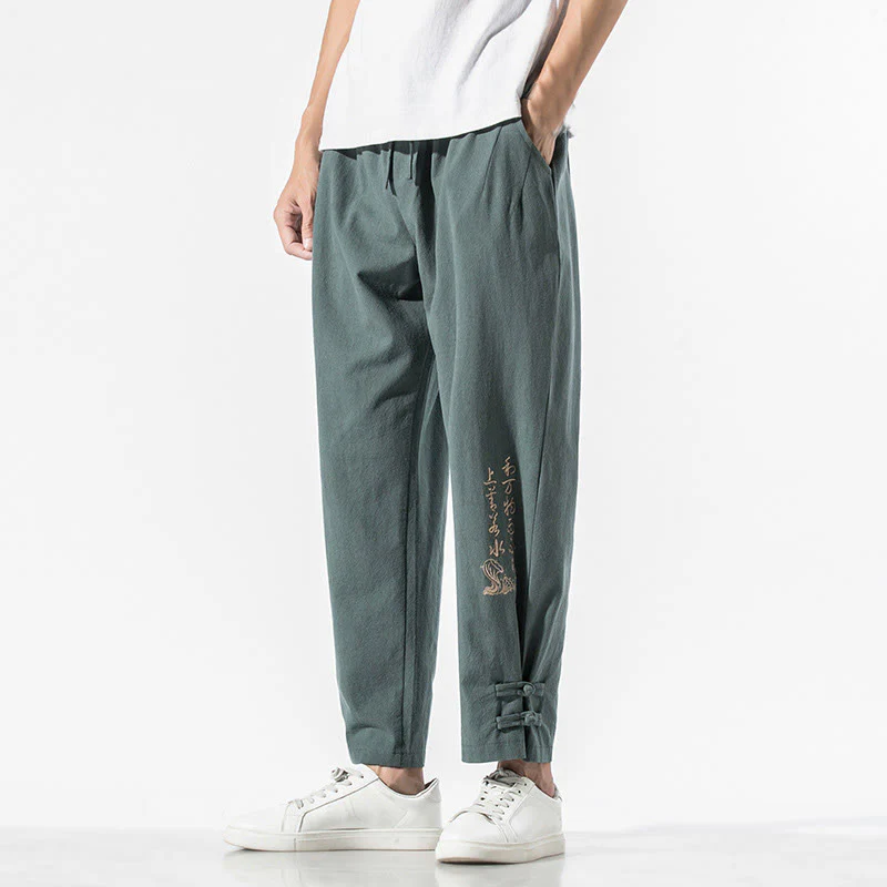 Pantaloni da uomo in cotone e lino con tasche, ricamo estivo con caratteri cinesi Buddha Stones - Image 21