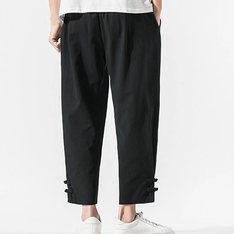 Pantaloni da uomo in cotone e lino con tasche, ricamo estivo con caratteri cinesi Buddha Stones - Image 3
