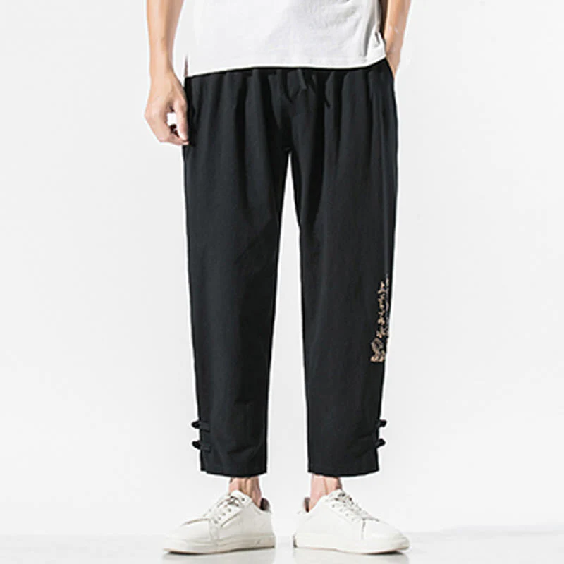 Pantaloni da uomo in cotone e lino con tasche, ricamo estivo con caratteri cinesi Buddha Stones - Image 4