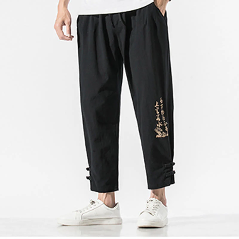 Pantaloni da uomo in cotone e lino con tasche, ricamo estivo con caratteri cinesi Buddha Stones - Image 5