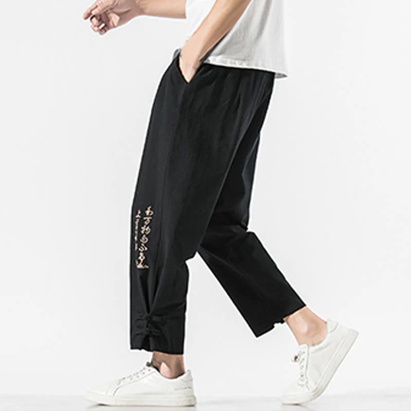 Pantaloni da uomo in cotone e lino con tasche, ricamo estivo con caratteri cinesi Buddha Stones - Image 6