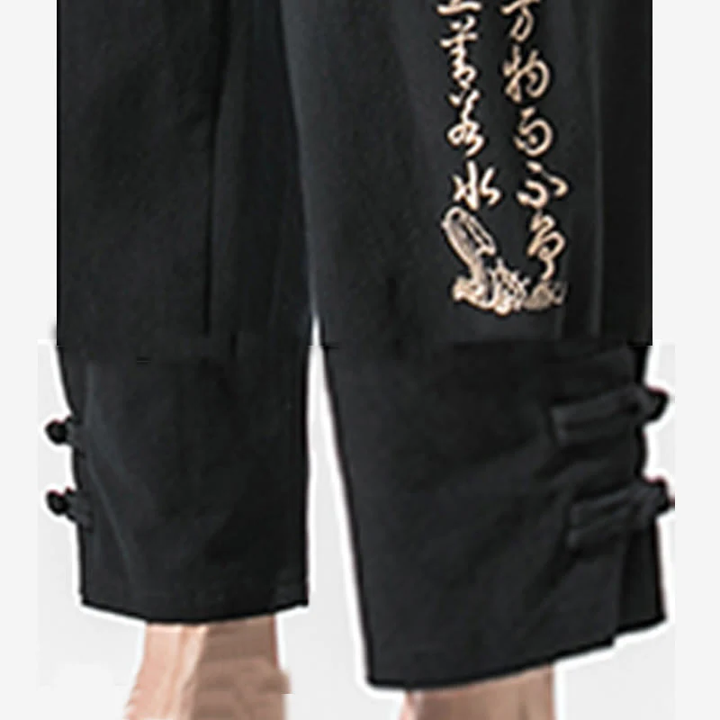 Pantaloni da uomo in cotone e lino con tasche, ricamo estivo con caratteri cinesi Buddha Stones - Image 7