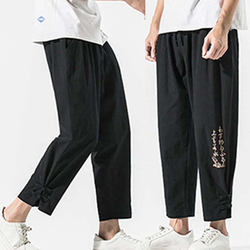 Pantaloni da uomo in cotone e lino con tasche, ricamo estivo con caratteri cinesi Buddha Stones - Image 9