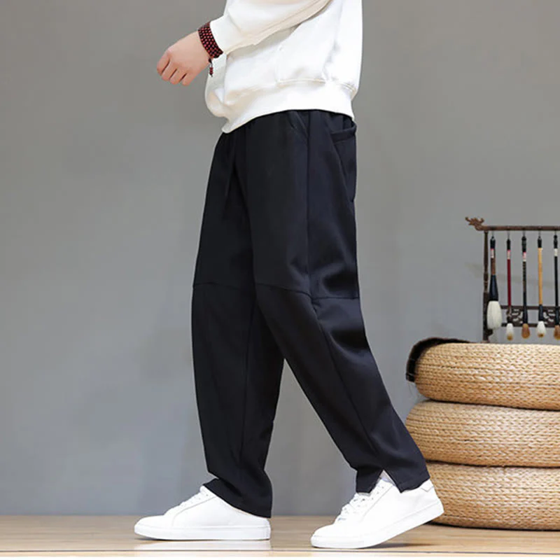 Pantaloni da uomo in cotone e lino con tasche, tinta unita, foderati in pile invernale Buddha Stones - Image 15