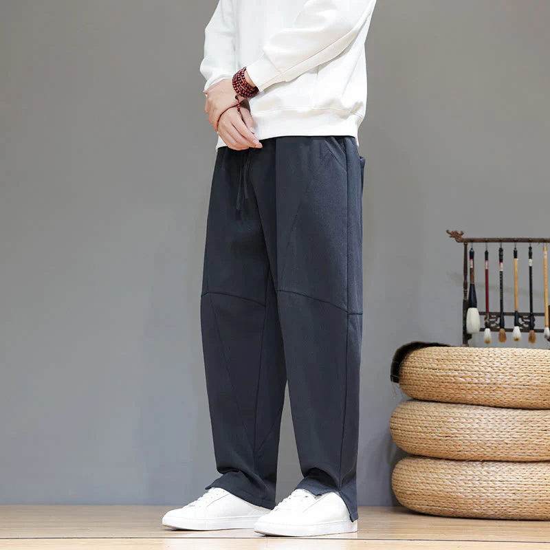 Pantaloni da uomo in cotone e lino con tasche, tinta unita, foderati in pile invernale Buddha Stones - Image 2