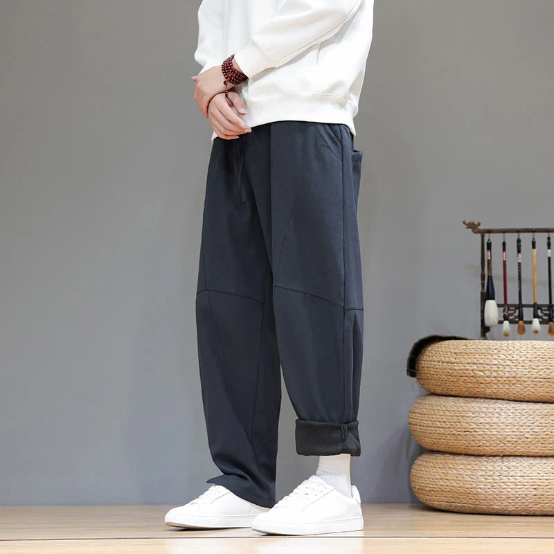 Pantaloni da uomo in cotone e lino con tasche, tinta unita, foderati in pile invernale Buddha Stones - Image 3