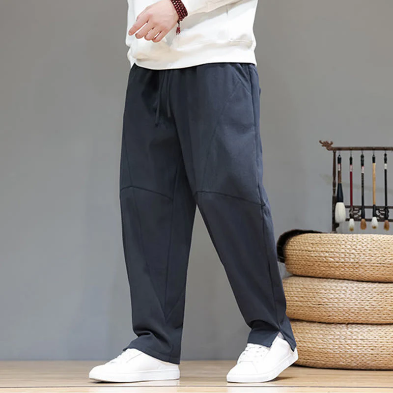Pantaloni da uomo in cotone e lino con tasche, tinta unita, foderati in pile invernale Buddha Stones - Image 4