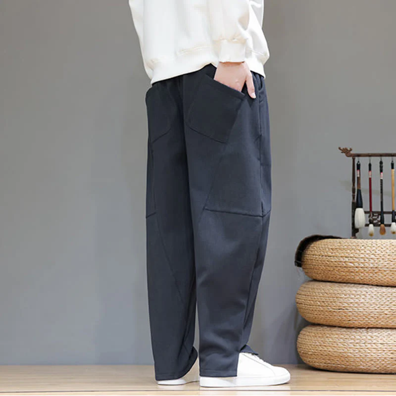 Pantaloni da uomo in cotone e lino con tasche, tinta unita, foderati in pile invernale Buddha Stones - Image 5