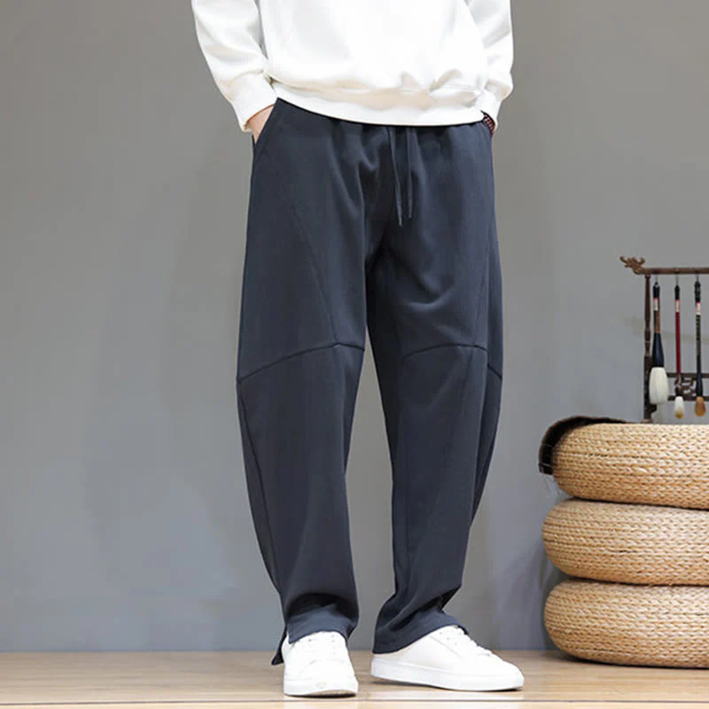 Pantaloni da uomo in cotone e lino con tasche, tinta unita, foderati in pile invernale Buddha Stones - Image 6