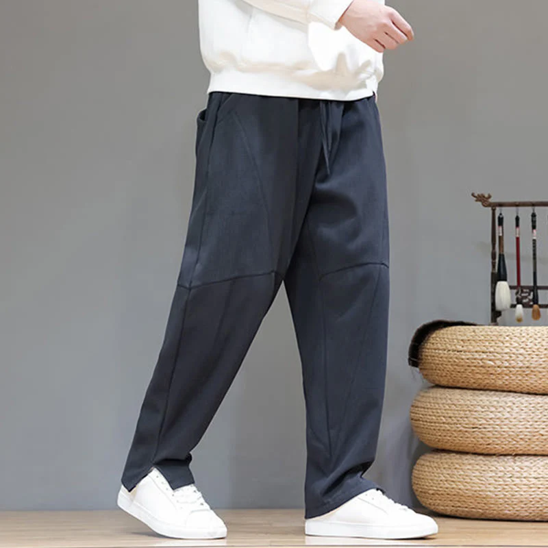 Pantaloni da uomo in cotone e lino con tasche, tinta unita, foderati in pile invernale Buddha Stones - Image 7
