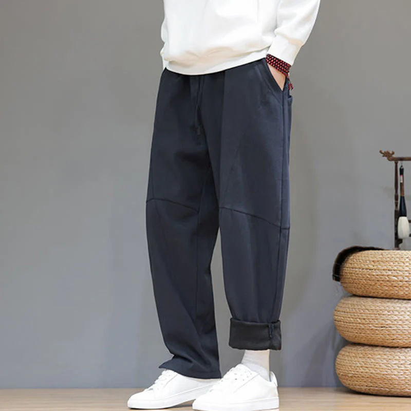 Pantaloni da uomo in cotone e lino con tasche, tinta unita, foderati in pile invernale Buddha Stones - Image 8