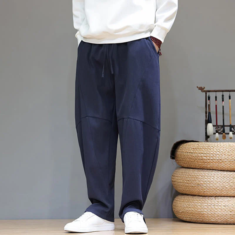 Pantaloni da uomo in cotone e lino con tasche, tinta unita, foderati in pile invernale Buddha Stones - Image 9