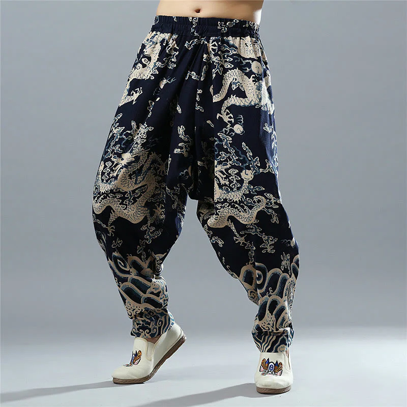 Pantaloni da uomo in cotone e lino etnico con tasche, stampati con elastico in vita e drago cinese , Buddha Stones - Image 2