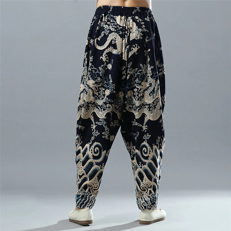 Pantaloni da uomo in cotone e lino etnico con tasche, stampati con elastico in vita e drago cinese , Buddha Stones - Image 3