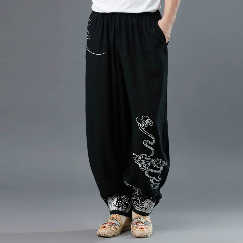 Pantaloni da uomo in cotone etnico con tasche, elastico in vita , Buddha Stones nuvole - Image 4