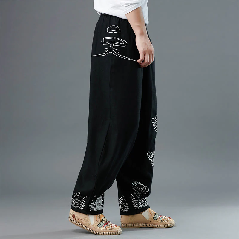 Pantaloni da uomo in cotone etnico con tasche, elastico in vita , Buddha Stones nuvole - Image 7