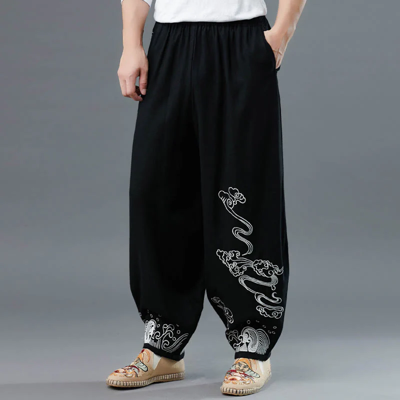 Pantaloni da uomo in cotone etnico con tasche, elastico in vita , Buddha Stones nuvole - Image 8